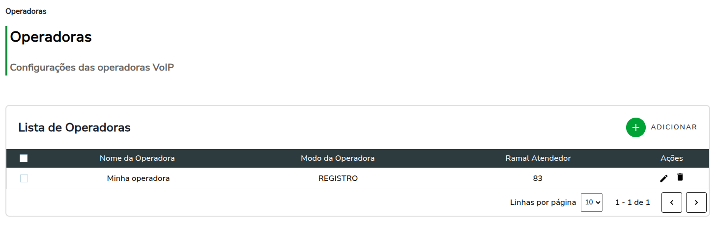 Tela de Operadoras do software