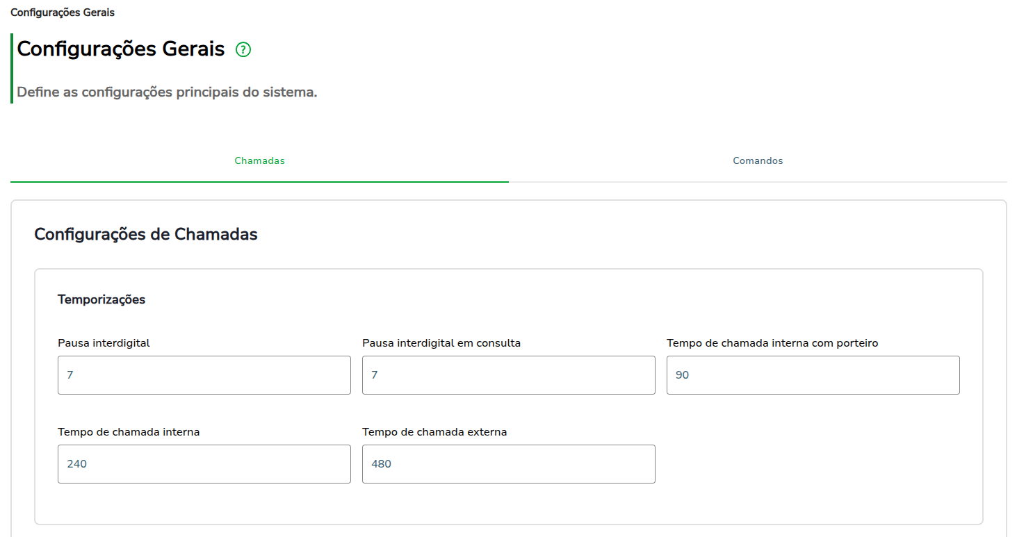 Tela de Configurações Gerais do software, aba Chamadas