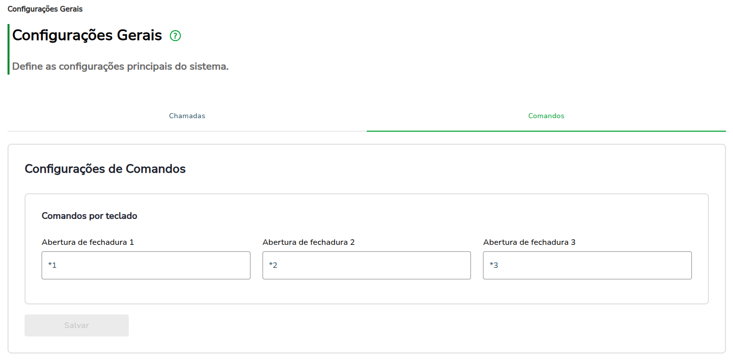 Tela de Configurações Gerais do software, aba Comandos