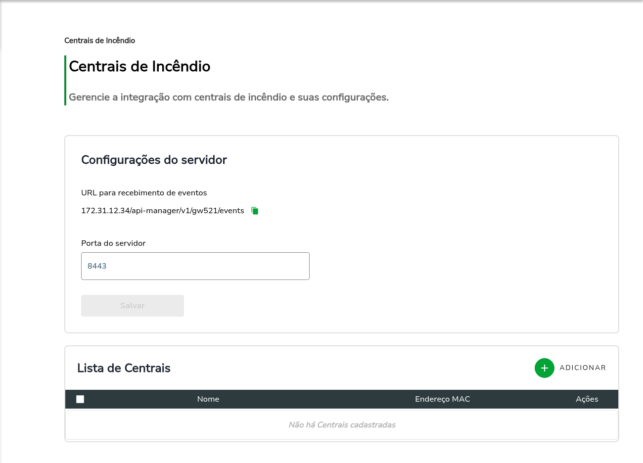 Tela de Centrais de Incêndio do software