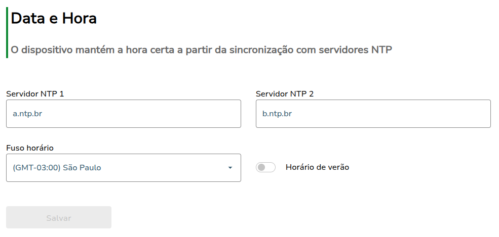 Tela de configuração do NTP