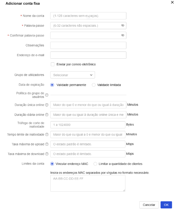 Configuração de Conta fixa