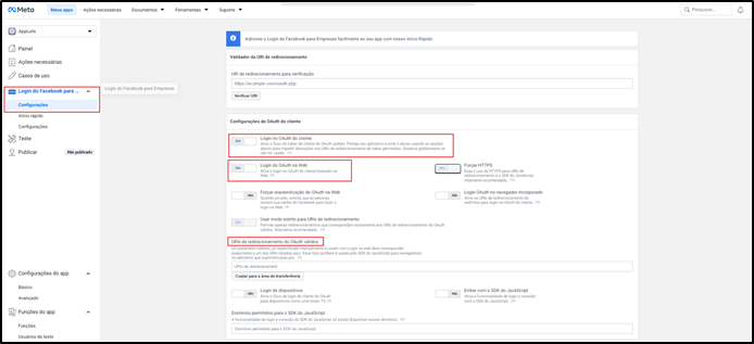 Configurações do OAuth