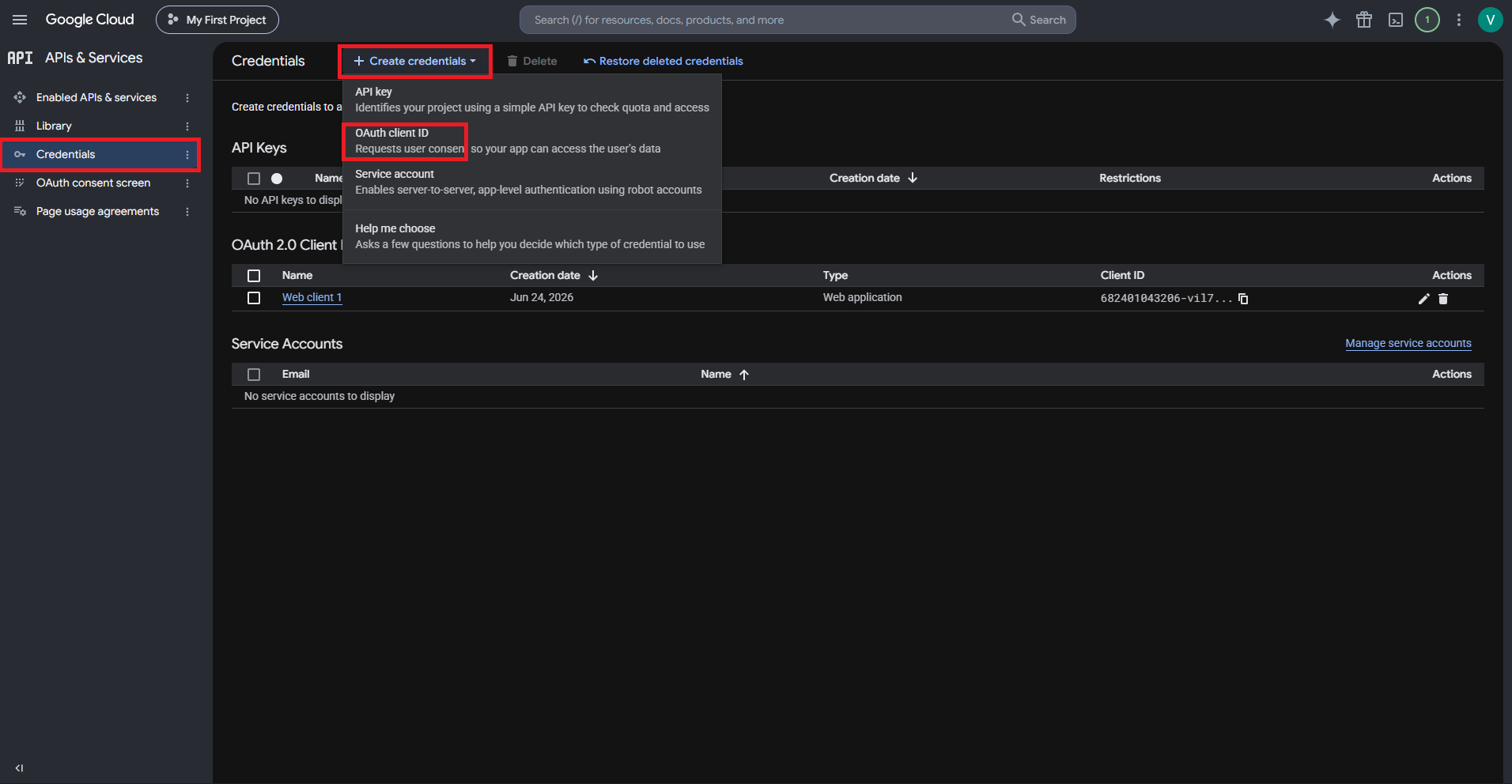 Creando credenciais OAuth