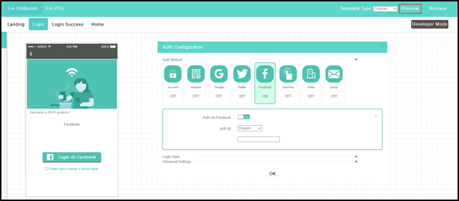 Página de configuração de autenticação