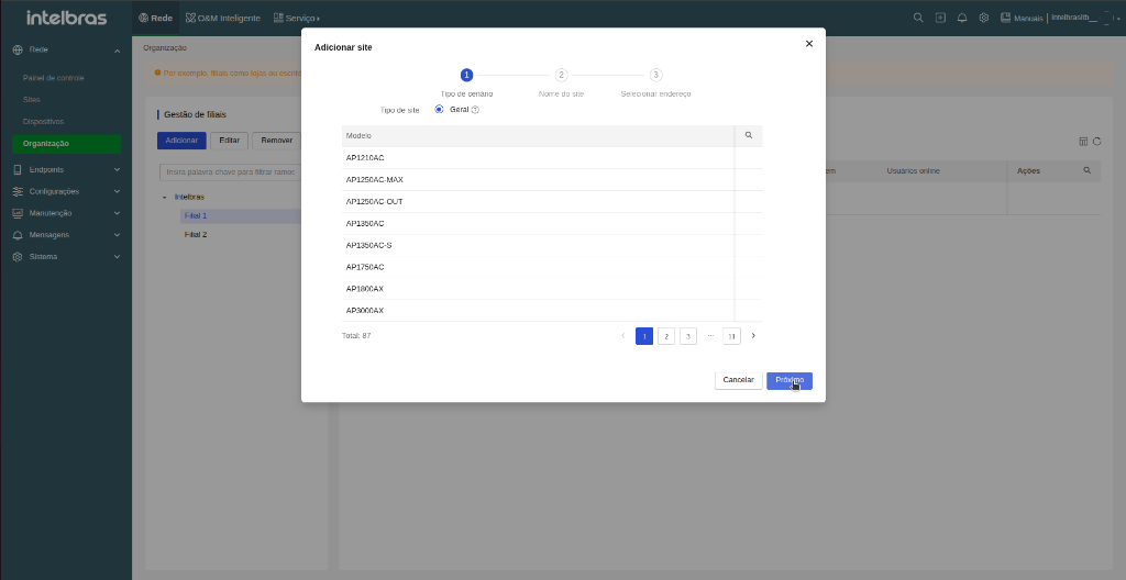 Adicionar site — Passo 1: Tipo de cenário