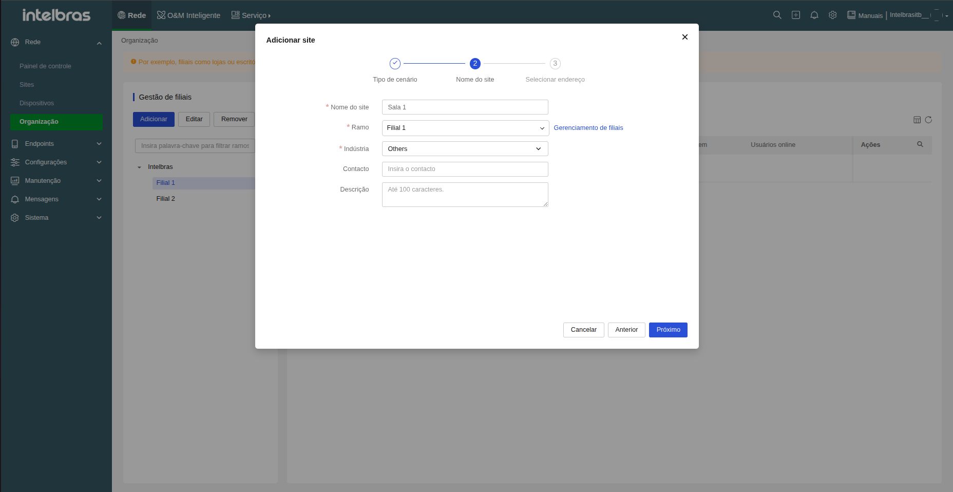 Adicionar site — Passo 2: Preenchimento de campos