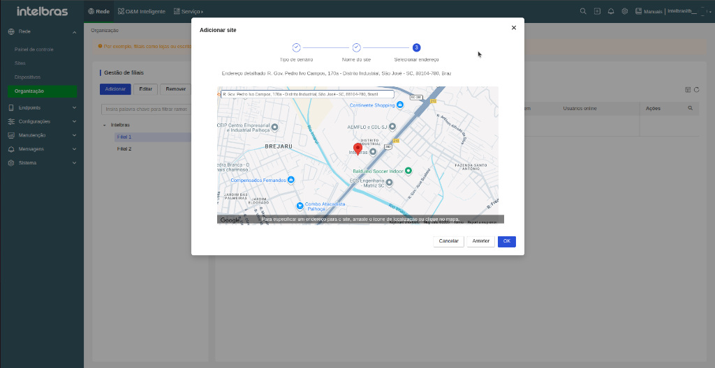 Adicionar site — Passo 3: Selecionar endereço