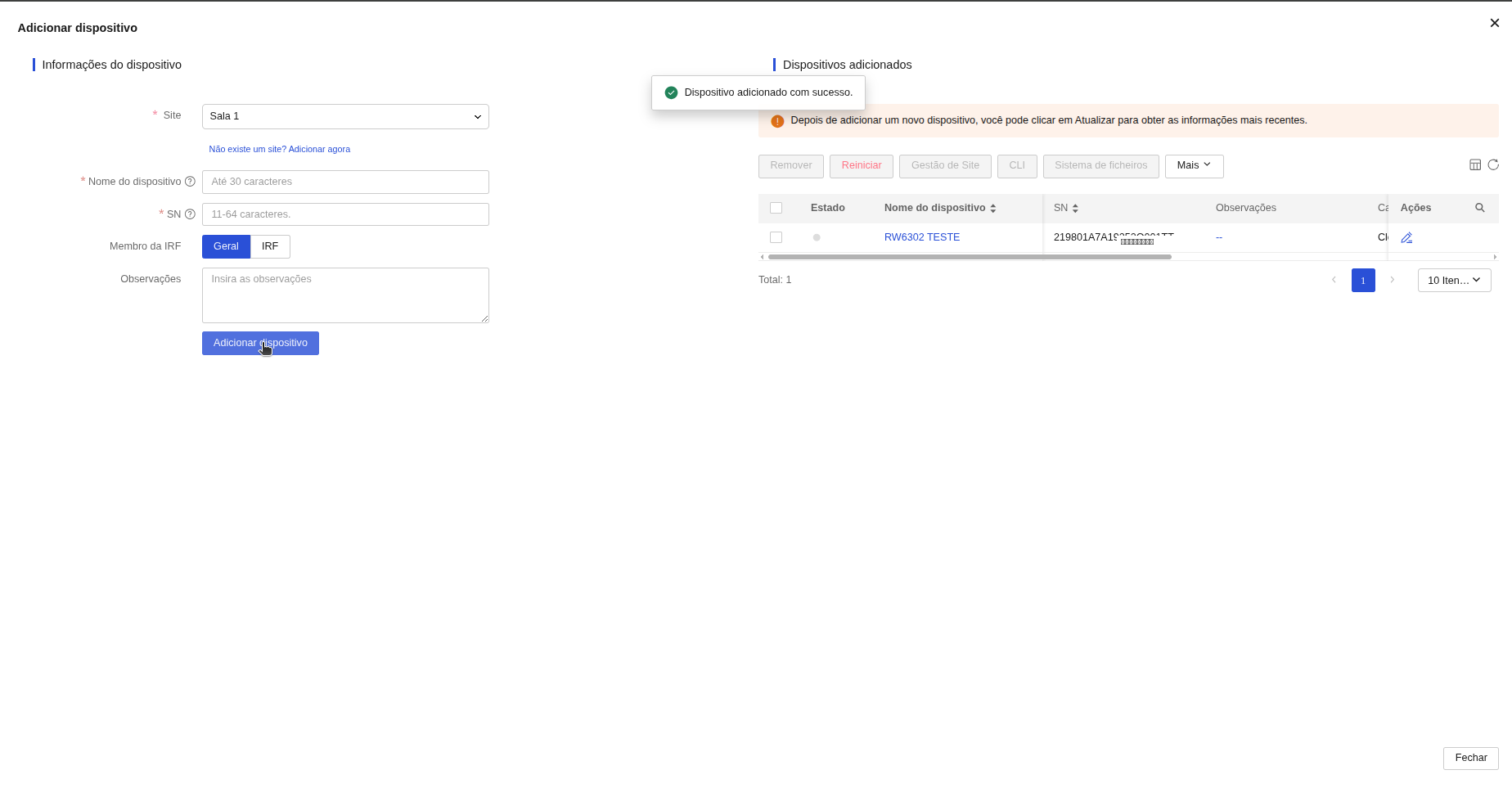 Dispositivo Adicionado com Sucesso