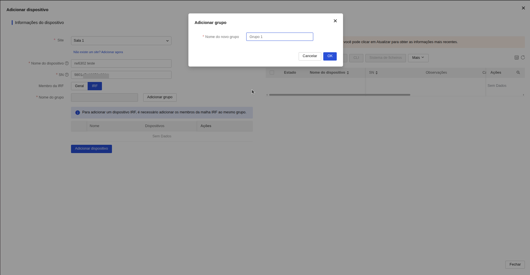 Modal de Criação de Grupo IRF