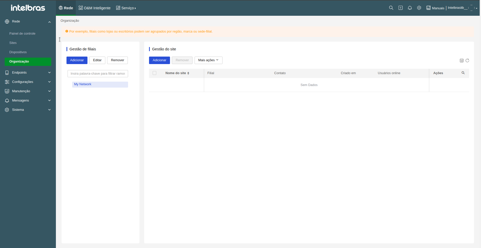 Tela de Organização — Gestão de filiais e gestão do site