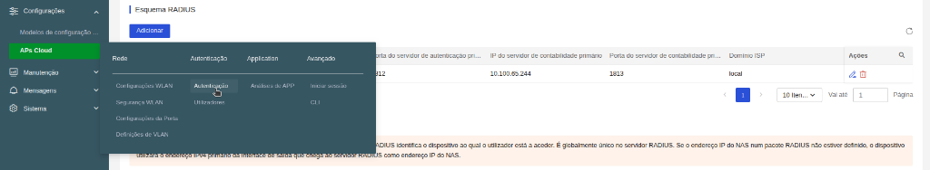 Menu Autenticação - RADIUS