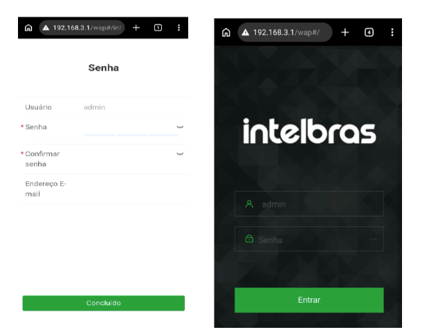 Cadastro da senha do admin e tela de login pelo navegador do celular