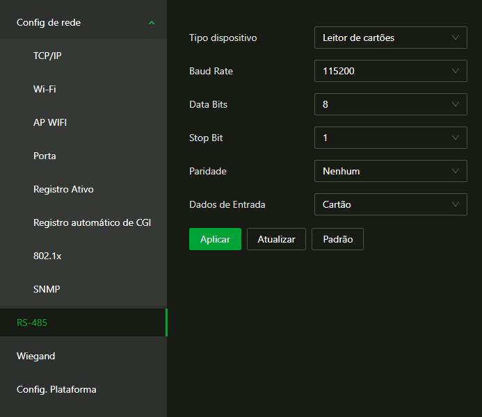 Configurações de comunicação > RS-485 no SS 1520 W