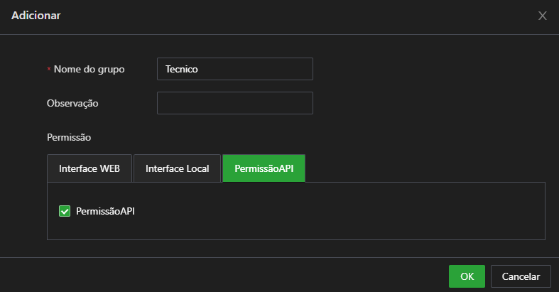 Configuração do Grupo de Permissões na API