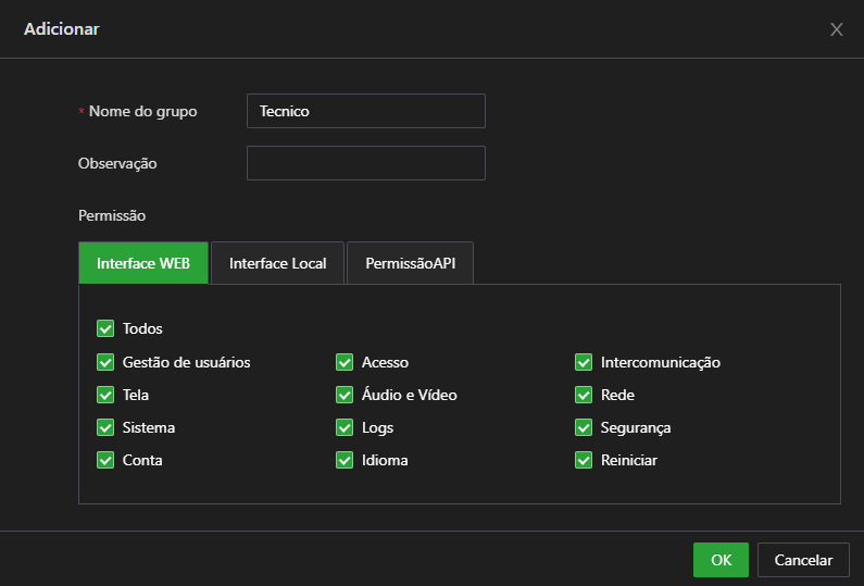 Adicionando Grupos de Permissões na Interface Web