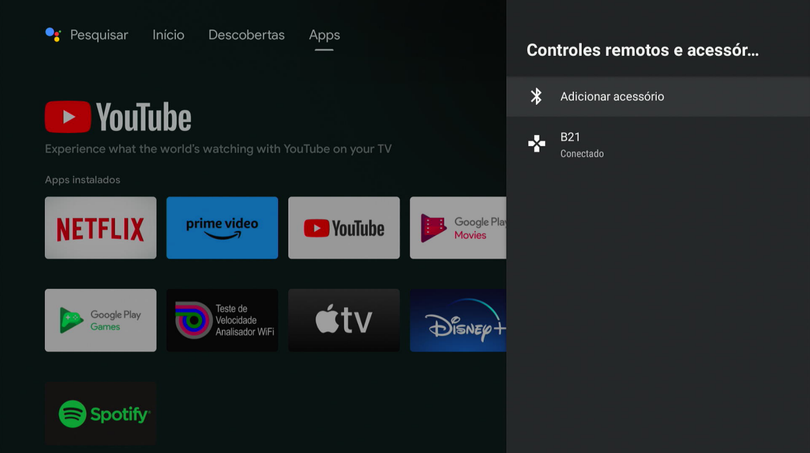 Tela config controles remotos e acessórios