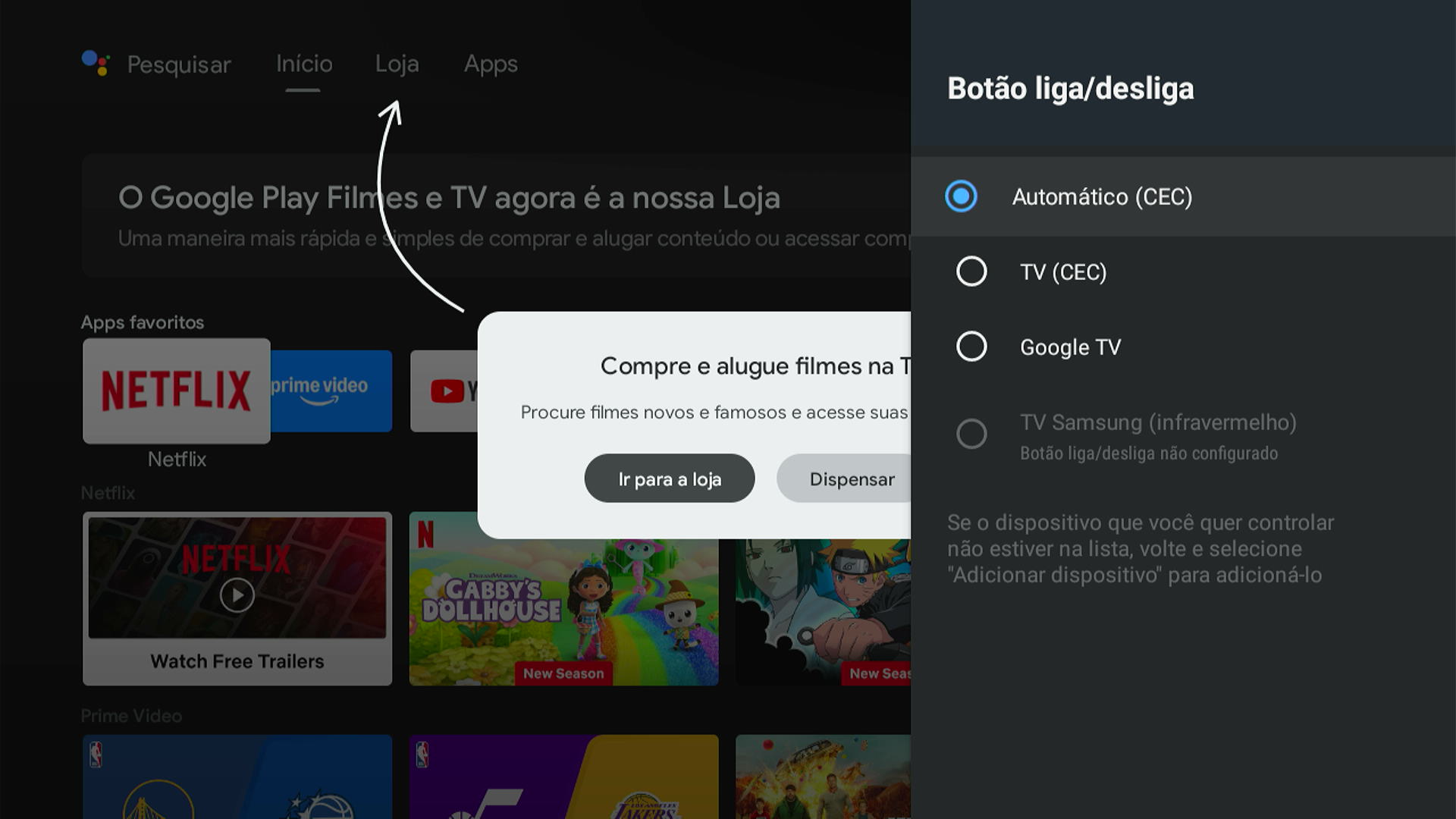 Tela config controles remotos e acessórios