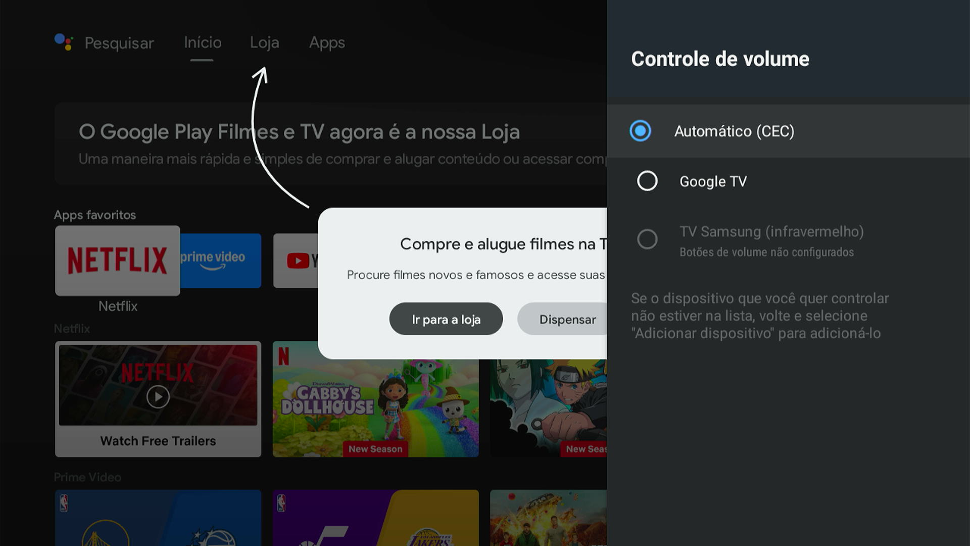 Tela config controles remotos e acessórios