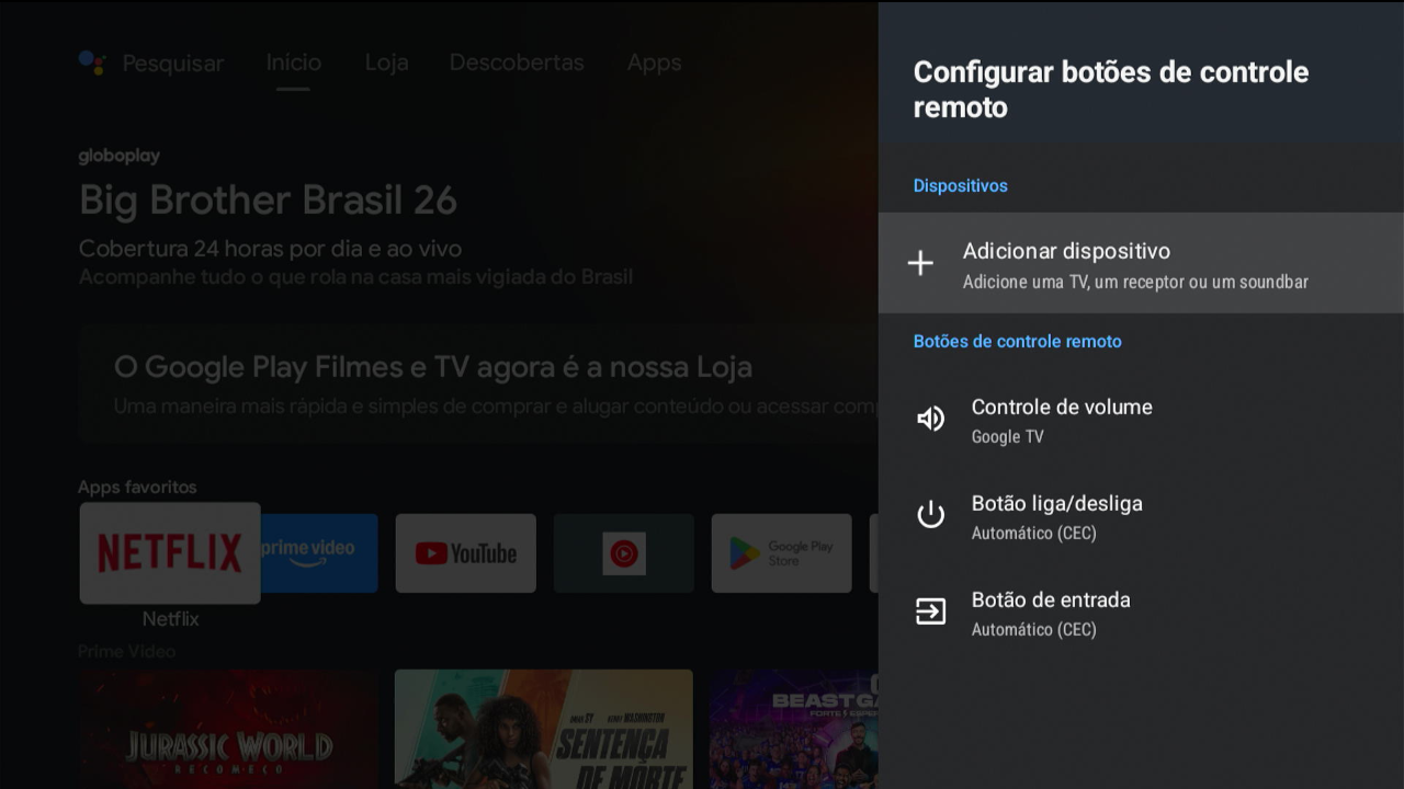 Tela config controles remotos e acessórios