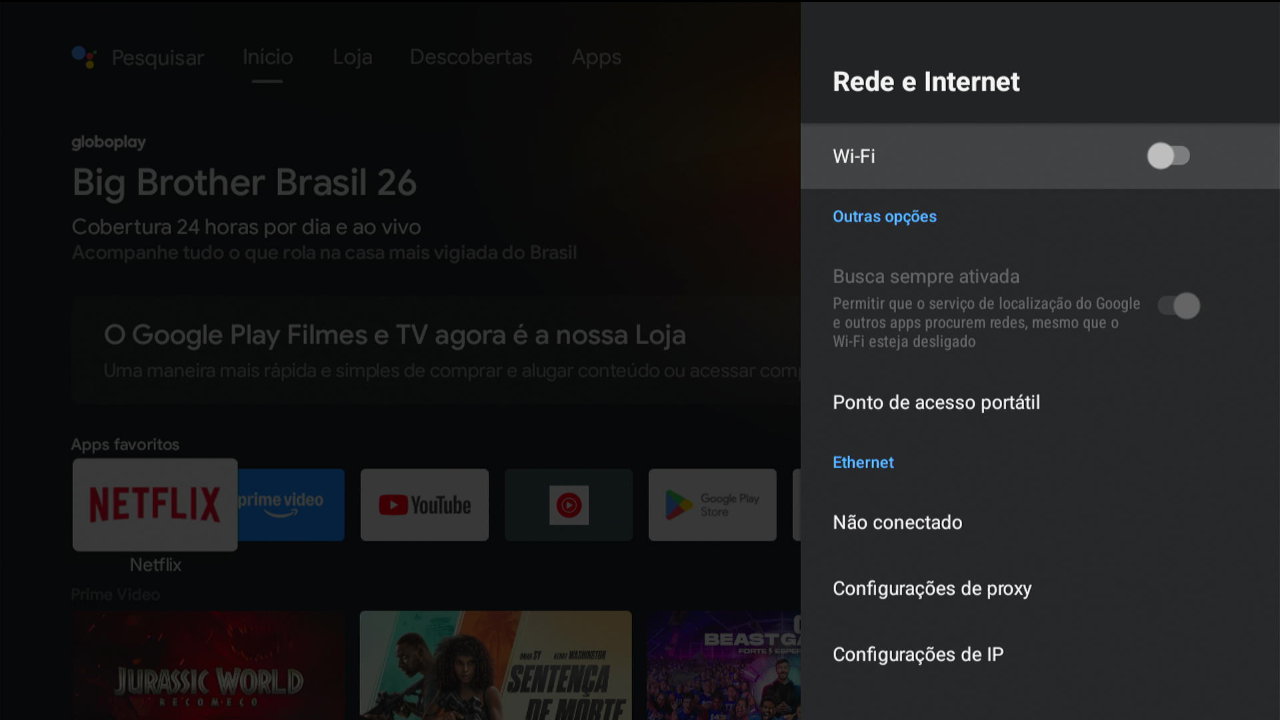 Tela configuração rede e internet