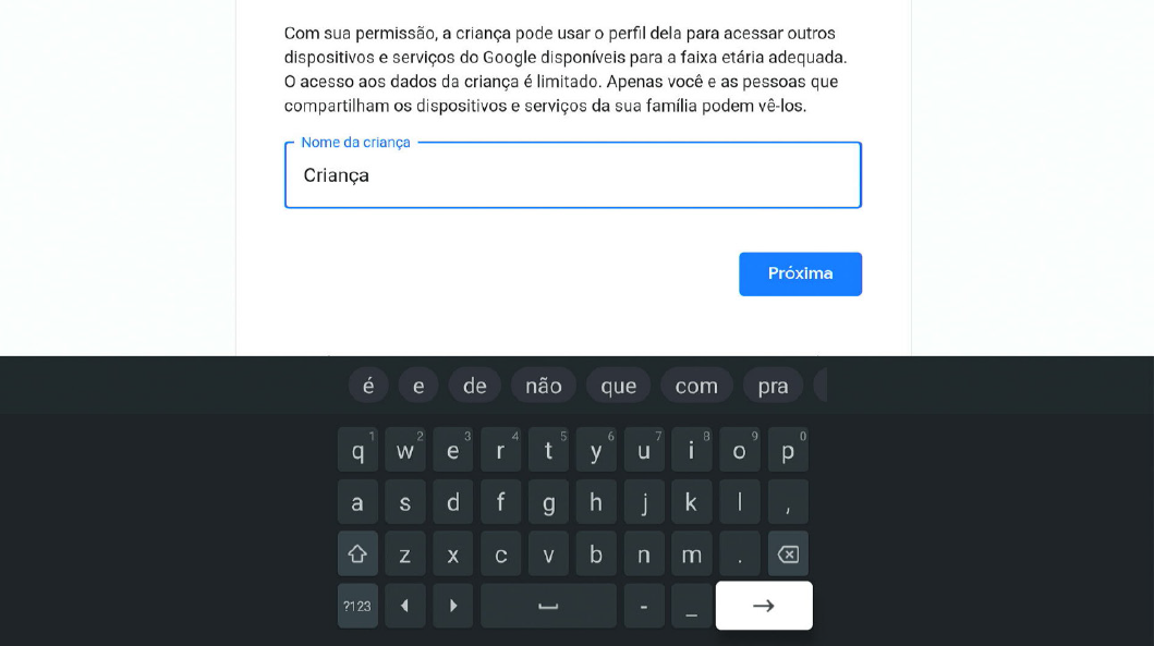 Tela adicionar nome da criança
