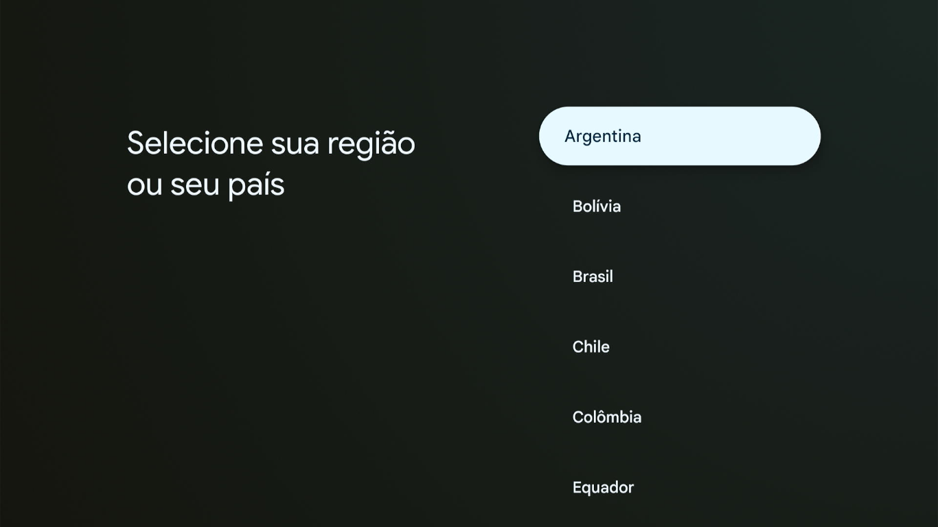 Tela de selecionar país