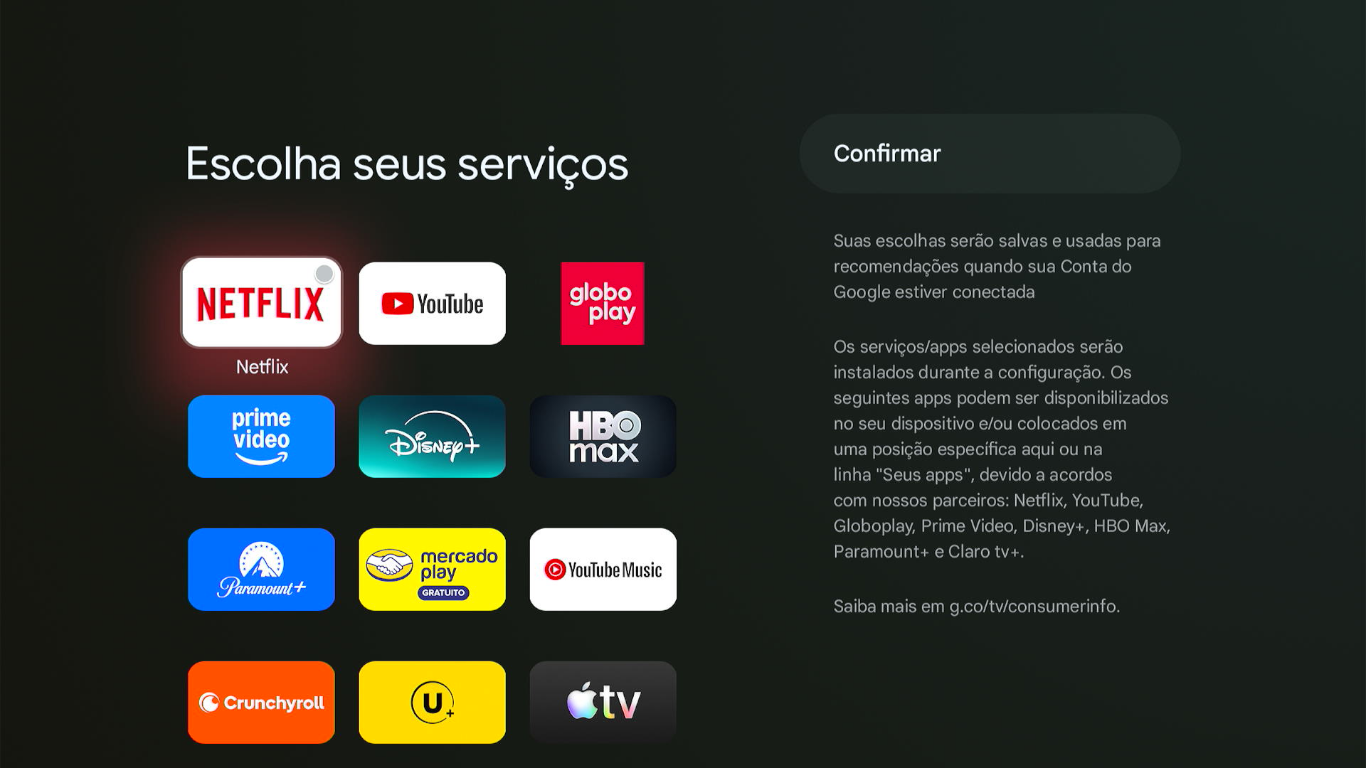 Tela Escolher serviços google