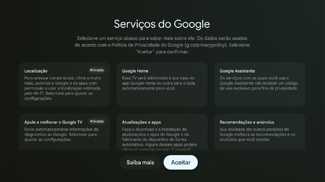 Tela dos serviços do google