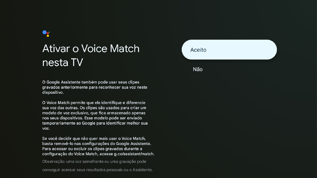 Tela ativar o voice match
